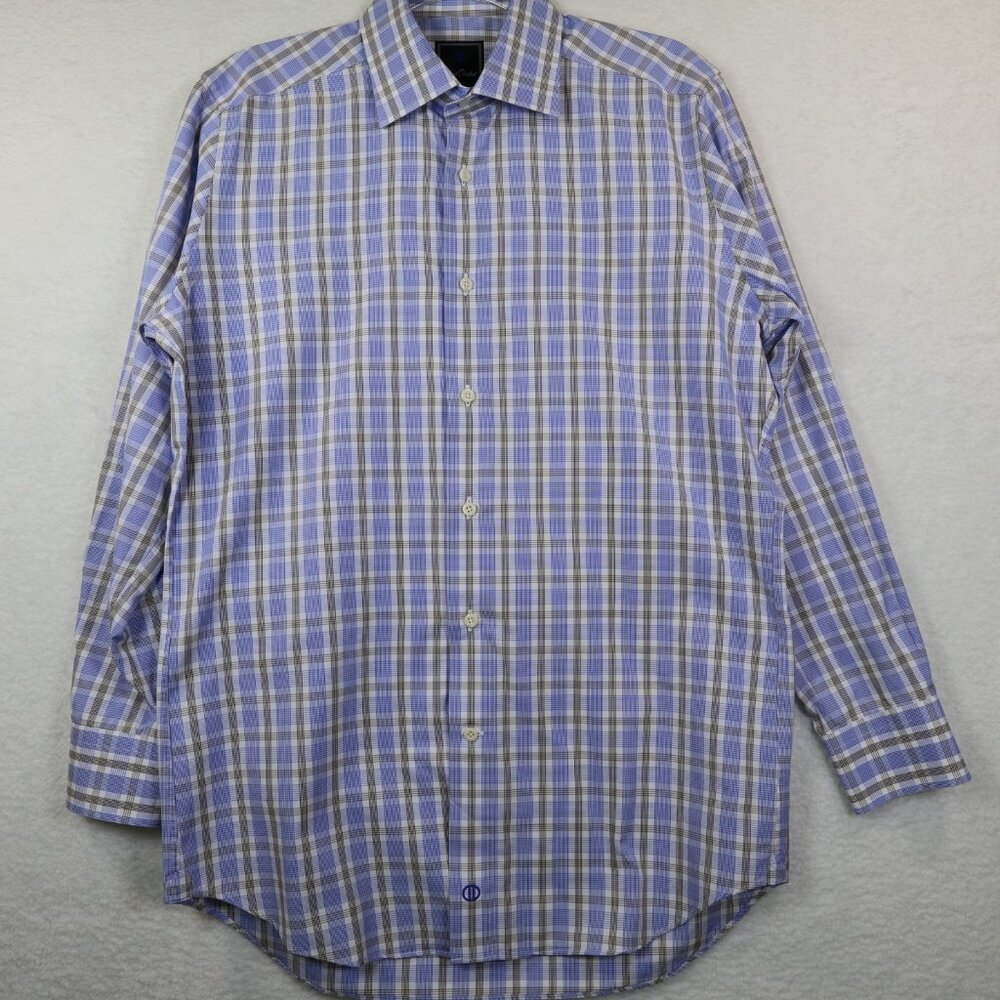 ♥️ 2+, David Donahue Men's 100% Cotton Blue Brown Check Dress Shirt 16 32/33 - Picture 2 of 7